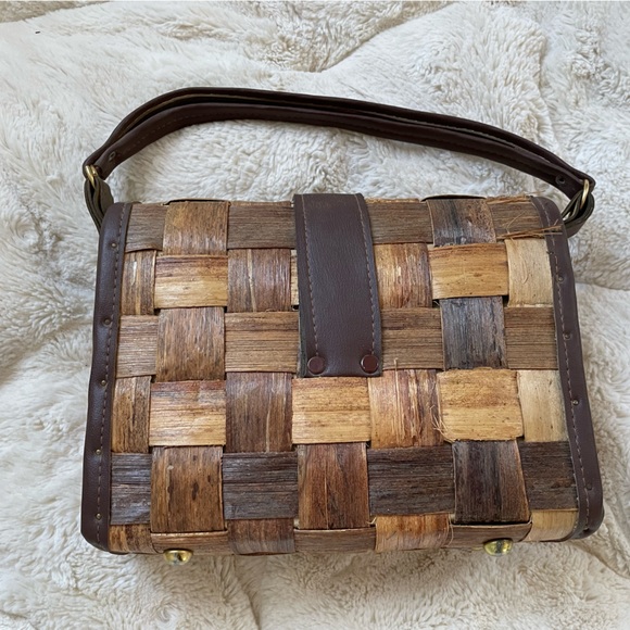 Woven Wood & Leather Brown Vintage Purse with Burlap Linen Lining EUC - Picture 7 of 10